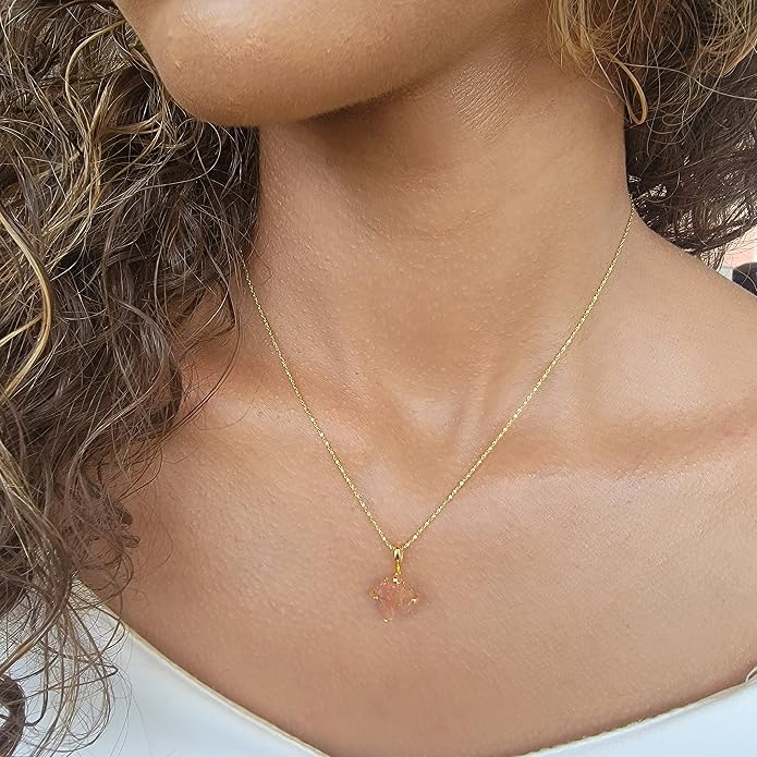 Natural raw gemstone pendant chain necklace with white gold over 925 solid sterling silver, birthstone dainty solitaire gift for her, uniquelan jewelry