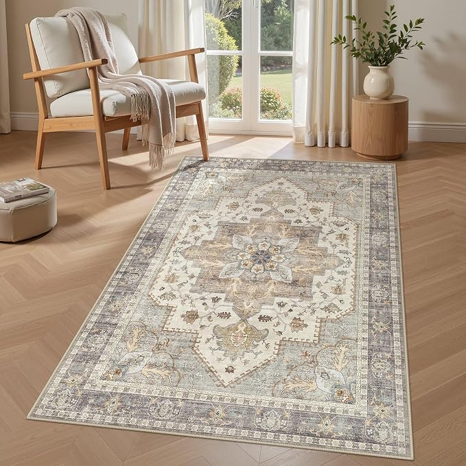 Tortania Area Rug Living Room Rugs - 3x5 Washable Rug Vintage Oriental Distressed Farmhouse Small Thin Indoor Carpet for Living Room Bedroom Under Dining Table Home Office - Greige