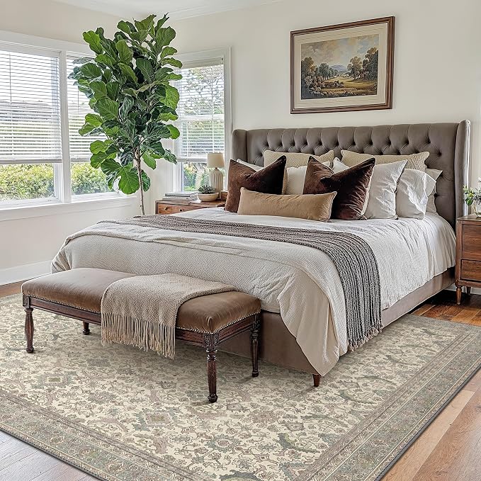 BESBLEE 4X6 Area Rugs Machine Washable Rugs for Living Room, Vintage Boho Large Rugs for Bedroom Dining Room, Non Slip Indoor Soft Distressed Lightweight Thin Low Pile Carpet, Cream