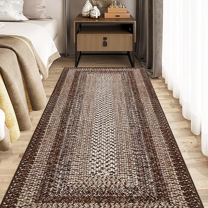 RUGSREAL Runner Rug 2x8 Machine Washable Hallway Runner Rug Entryway Long Runner Carpet Braided Printed Throw Mat Non Slip Kitchen Mat Living Room Rustic Carpet for Bedroom Dining Room, Brown