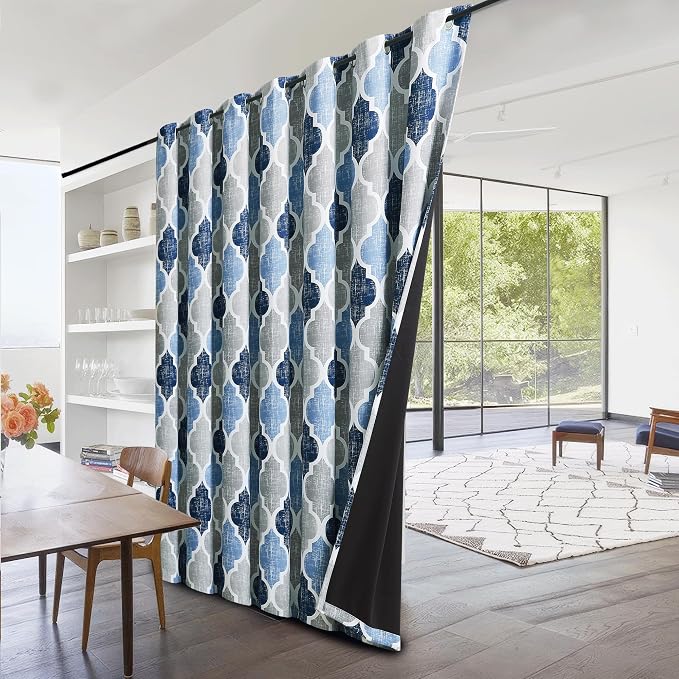 Beauoop Moroccan 100% Blackout Sliding Door Curtains Blue Grey 100x96 1 Set | Geometric Room Darkening Patio Curtains Extra Wide Room Divider Drapes Thermal Soundproof Lattice Window treatment Grommet