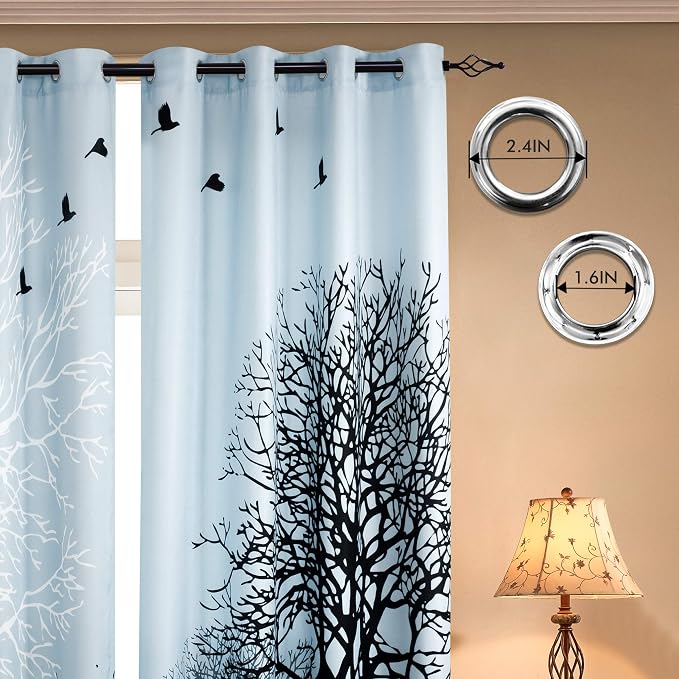 SUBRTEX Boho Leaf Printed Curtains 63 inch Long 2 Panels, Room Darkening Vibrant Floral Drapes, 50% Blackout Light Flitering Semi Sheer Farmhouse Curtains for Living Room, 52Wx63L, Light Blue Leaf