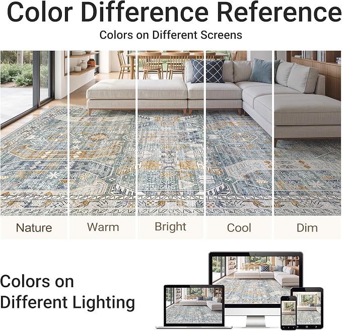 befbee 6x9 Area Rugs for Living Room - Stain Resistant Machine Washable Rugs for Bedroom,Non-Slip Backing Large Area Rug (Blue/Gold, 6'x9')