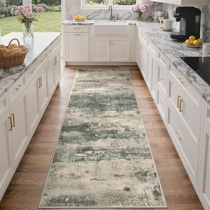 GENIMO Runner Rug Non Slip 2'6"x8', Washable Rug Runner for Hallways Kitchen, Abstract Modern Kitchen Rugs, Low Pile Lightweight Carpet Runners for Entryway, Bedroom, Laundry, Sage Green Sand