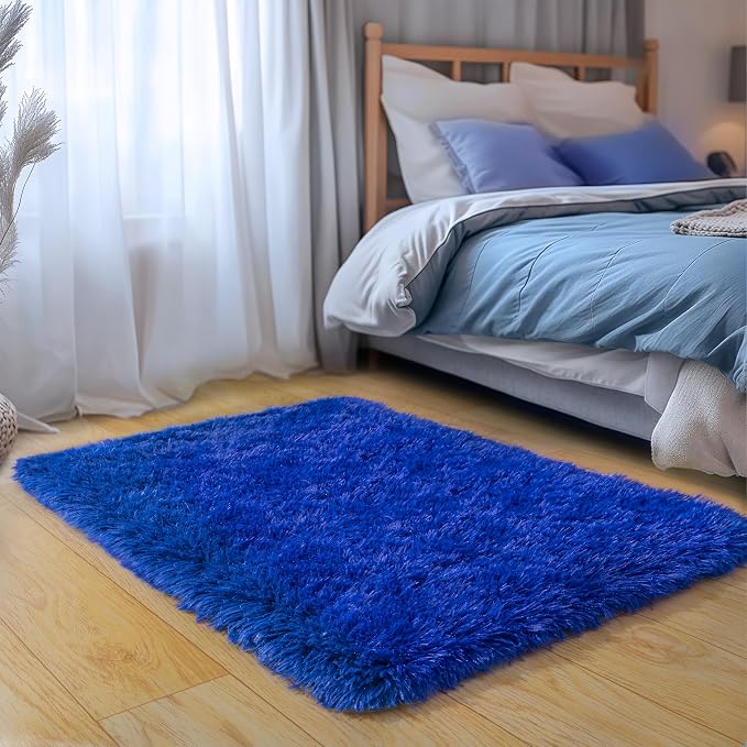 Small Shag Rug for Bedroom, 2x3 Throw Area Rugs for Living Room | Soft and Comfy, Fluffy Bedside Carpet for Nursery and Kids Room Girls Boys Dorm Home Decor Aesthetic, Upgrade Non Slip, Blue