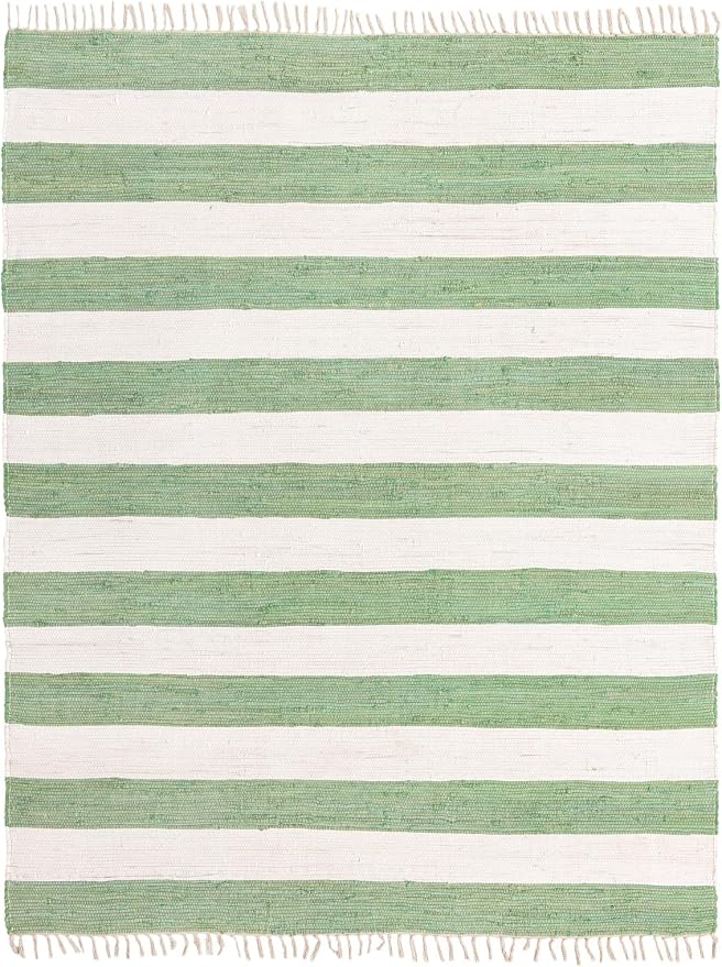 Unique Loom Chindi Rag Collection Area Rug - Striped (7' 10" x 10' Rectangle, Green and Ivory)