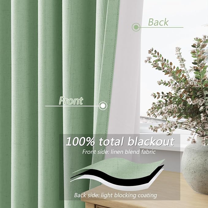 Guken 100% Blackout Curtains 108 Inch Length 2 Panels Set for Living Room Bedroom Back Tab Thermal Insulated Black Out Linen Drapes Room Darkening Window Curtains Aqua Green 52x108