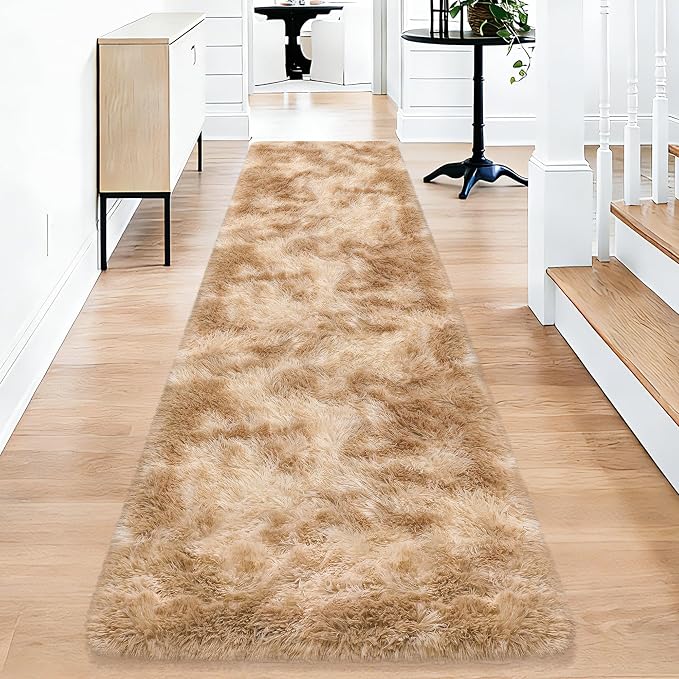 2x10 Feet Beige Fluffy Runner Rug for Bedroom, Soft Plush Shag Carpet Non Slip Washable Long Rug for Hallway Nursery Dorm Living Room, Fuzzy Bedside Rug for Kids Girls Room Decor