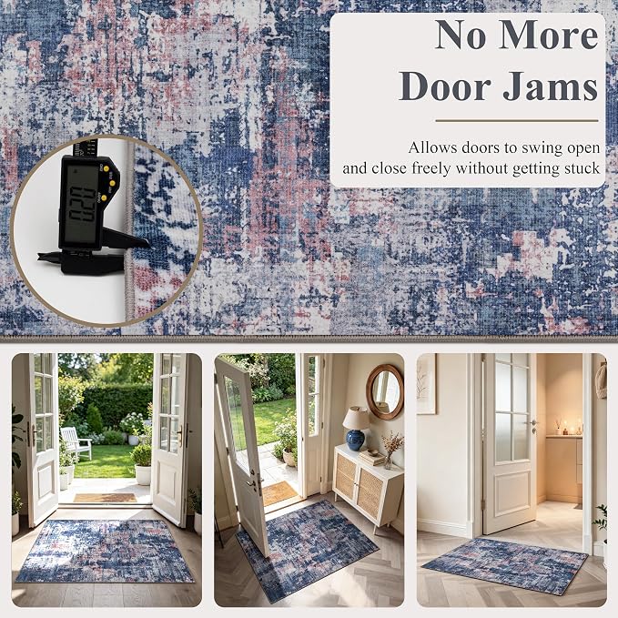 Sasttie 2x8 Soft Runner Rug for Entryway, Modern Abstract Washable Carpet for Hallway, Kitchen and Laundry Room, with Non-Slip Backing, Pink and Blue