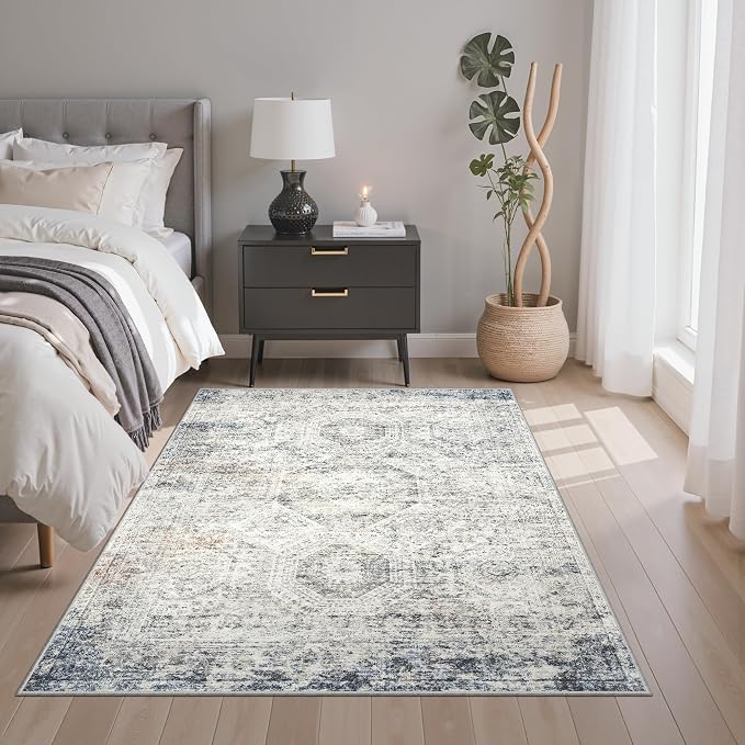 Soalmost 4x6 Area Rugs for Living Room, Vintage Washable Rugs for Dining Room, Bedroom, Home Office Decor, Non-Slip Blue Ivory Carpet Thin Rug