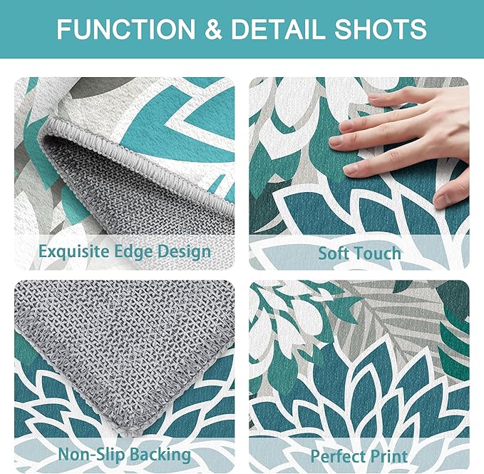 Colorful 9x12 Outdoor Area Rug Washable Multicolored Patio Rug Tropical Botanical Floral Chenille Waterproof Outdoor Carpet Non-Slip for Deck, Backyard, Porch, Teal