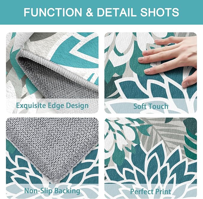 Colorful 6FT Outdoor Round Area Rug Washable Rugs Multicolored Patio Rug Tropical Botanical Floral Chenille Waterproof Outdoor Carpet for RV, Pool Deck, Backyard, Porch, Teal
