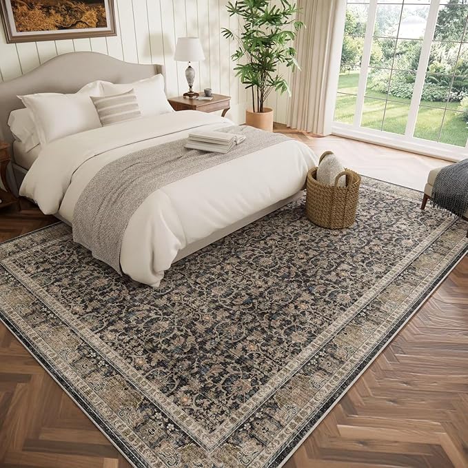 Boho Washable 8x10 Area Rugs for Living Room, Cushioned, Black/Navy Blue | Vintage Non-slip Neutral Oriental Rugs for Bedroom Dining Room Nursery Office High Traffic Area
