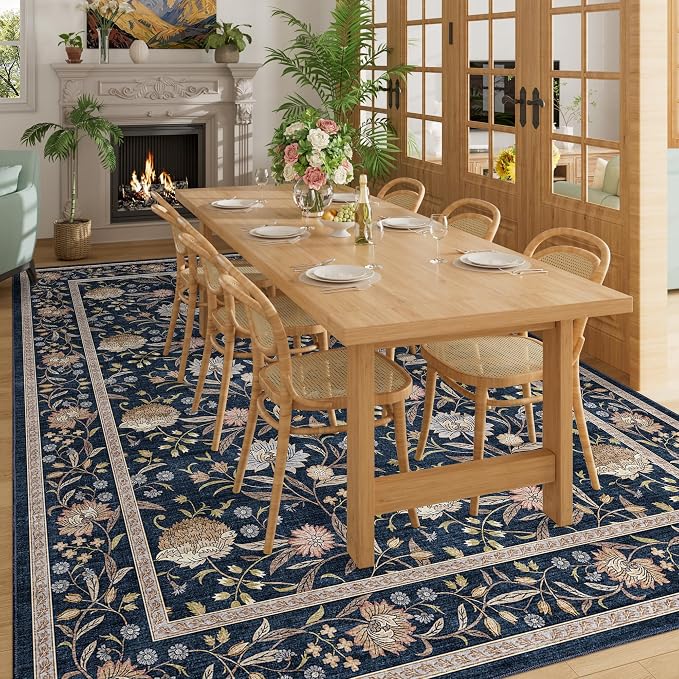 DUKINO 9x12 Area Rug for Living Room Vintage Floral Washable Rug, Navy Blue | Non Slip, Low Pile, Non-Shedding, Stain Resistant, Aesthetic Soft Indoor Large Carpet for Bedroom Dining Room Farmhouse