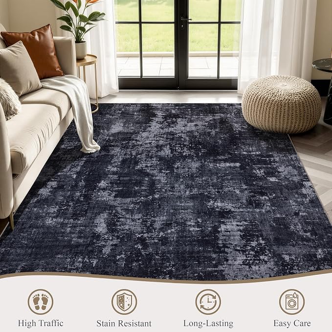 Sasttie 4x6 Soft Area Rug for Living Room, Modern Abstract Washable Carpet for Bedroom, with Non-Slip Backing, Black and Grey