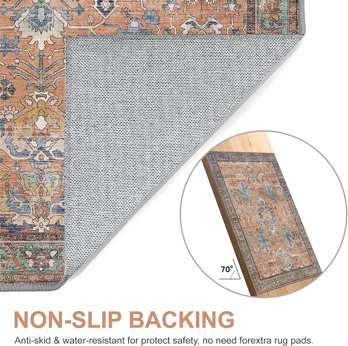 Bavni Runner Rug, Machine Washable Rugs for Bedroom 2x5, Non Slip Boho Rugs with Rubber Backing, Ultra-Thin Folable Rug Runner for Hallways Bathroom, Terracotta/Blue