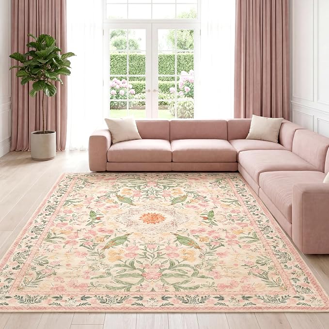 Washable Nursery Rug 5'x7', 0.3" Ultra Soft Cottagecore Area Rug, Non-Slip Cotton-Backed Silicone Grip, Water-Resistant Faux Wool Carpet for Baby Girls Bedroom, Cream/Pink/Sage
