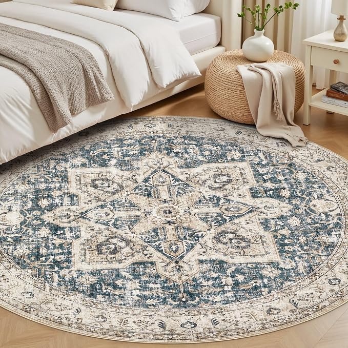 Tortania 6' Round Area Rug Living Room Rugs - Washable Boho Rug Vintage Oriental Distressed Farmhouse Large Thin Indoor Carpet for Bedroom Under Dining Table Home Office - Cream/Blue
