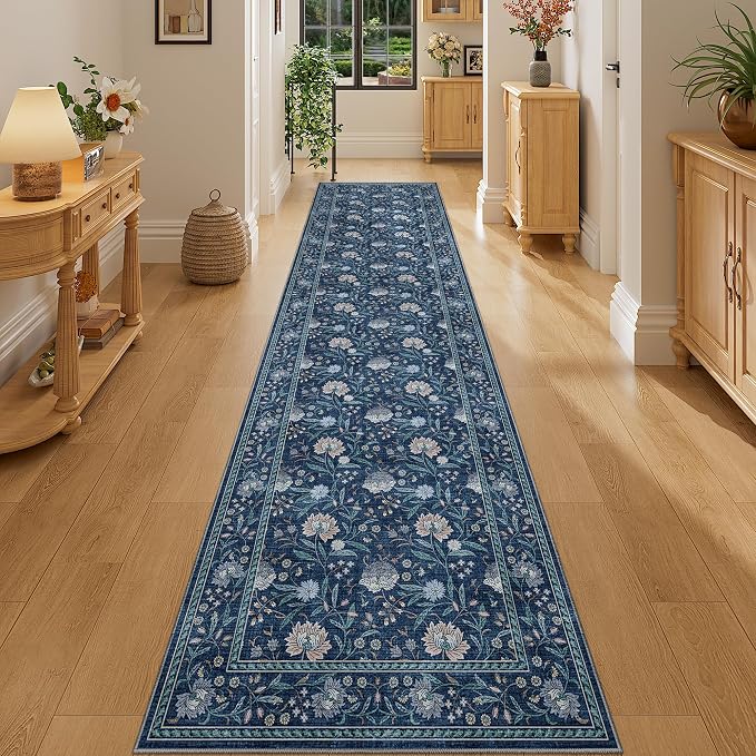 DUKINO 2x10 Runner Rug for Hallway, Washable Vintage Floral Rug, Dark Blue | Non Slip, Low Pile, Non-Shedding, Stain Resistant Soft Long Runner Carpet for Kitchen Bathroom Entryway Bedroom Farmhouse