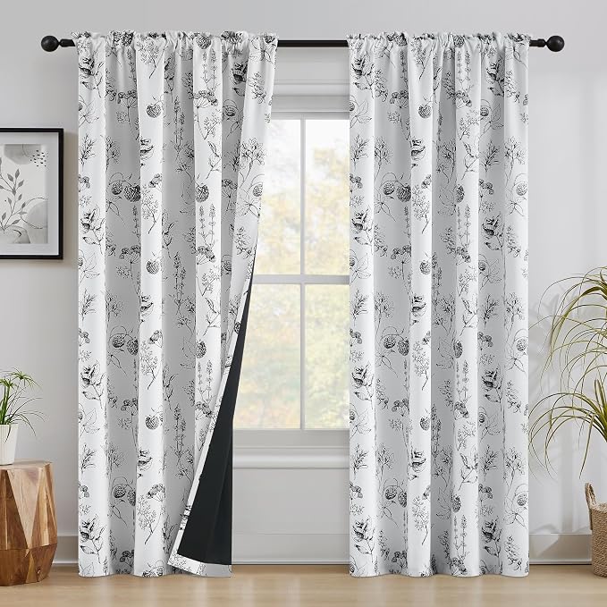 FMFUNCTEX 100% Blackout Black Floral Curtains 96 Inch Back Tab 2 Panels | Black Out Drapes, Thermal Insulated Cottage Farmhouse, Lichi Patterned Extra Long Curtain for Bedroom, Living Room Darkening