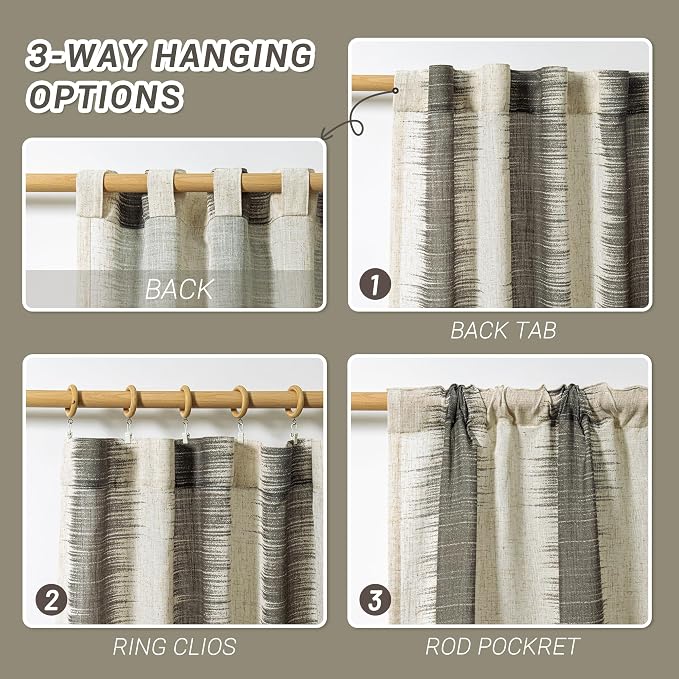 MYSKY HOME Bedroom Curtains Linen Textured Sheer Panels, Curtains 63 Inch Length Light Filtering Lines Back Tab Semi Sheer Window Treatment Farmhouse Style Drapes for Bedroom, 50"x63", Khaki, 2 PCs