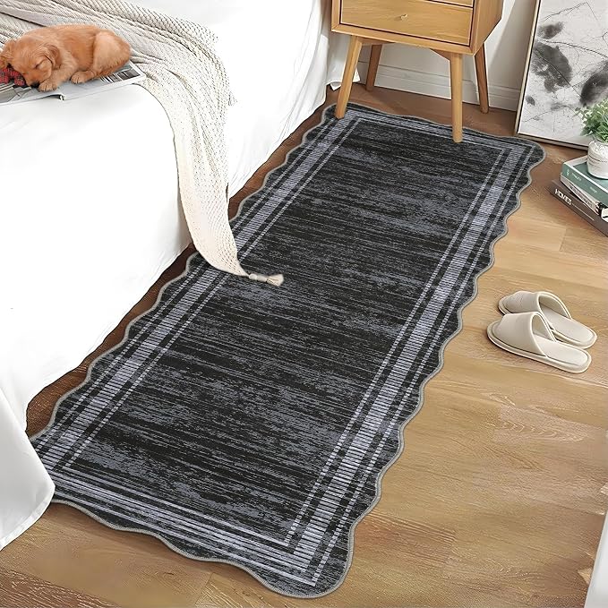 Washable Runner Rug 2x6 Modern Solid Scalloped Kitchen Runner Mat Minimalist Plain Long Runner Rug for Entryway Bedroom Bedside Non Slip Low Pile Boho Accent Solid Runner Rugs for Entryway, Black | Modern Long Runner Rug for Entryway Bedroom, Non Slip ...
