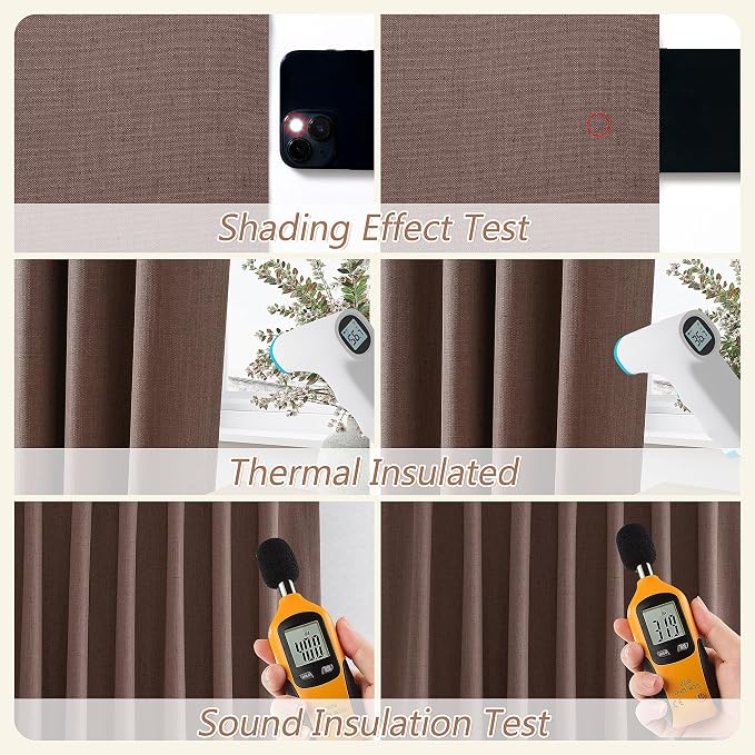Guken Cappuccino 100% Blackout Linen Curtains 108 Inch Length 2 Panels Set for Living Room Bedroom Back Tab/Rod Pocket Thermal Insulated Farmhouse Black Out Drapes Room Darkening,52x108