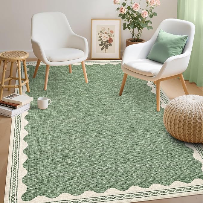 GarveeHome Scalloped Sage Green Washable Area Rug 6x9 Rugs for Living Room Soft Low-Pile Solid Modern Minimalism Thin Carpet for Bedroom Dining Nursery Non Slip