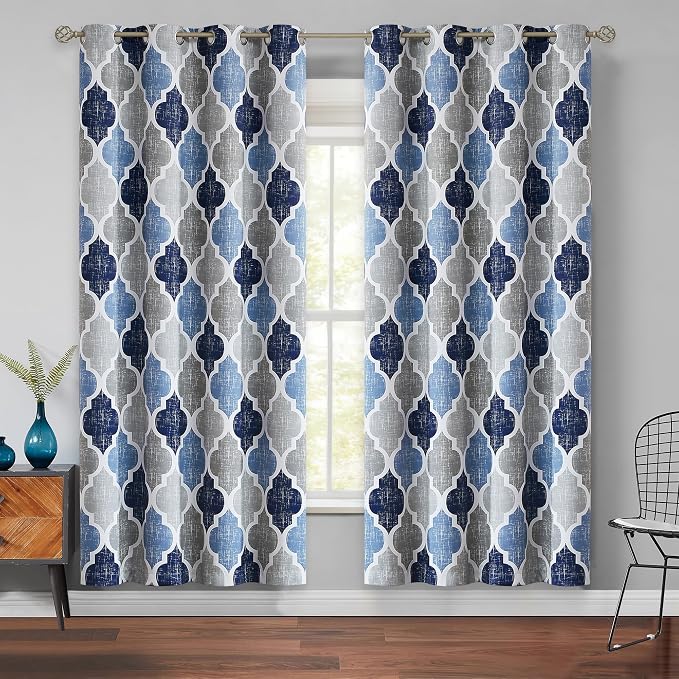 Beauoop Moroccan 100% Blackout Curtains Bedroom Blue Grey 50x72 2 Panels | Geometric Room Darkening Drapes for Living Room 72 Inch Long Thermal Insulated Soundproof Lattice Window Treatment Grommet