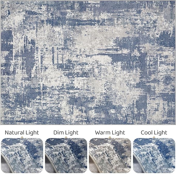 7x9 Area Rug Living Room: Washable Large Abstract Modern Soft Rug Stain Resistant Indoor Floor Non Slip Accent Carpet for Bedroom Nursery Playroom Dining Room Office Dorm Home House- Navy Grey
