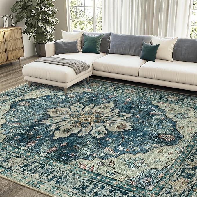 RELEANY Area Rugs 7'x10' Washable Non-Slip, Floral Vintage Distress Medallion Carpet for Living Room Bedroom Dining Room, Dark Blue Vintage