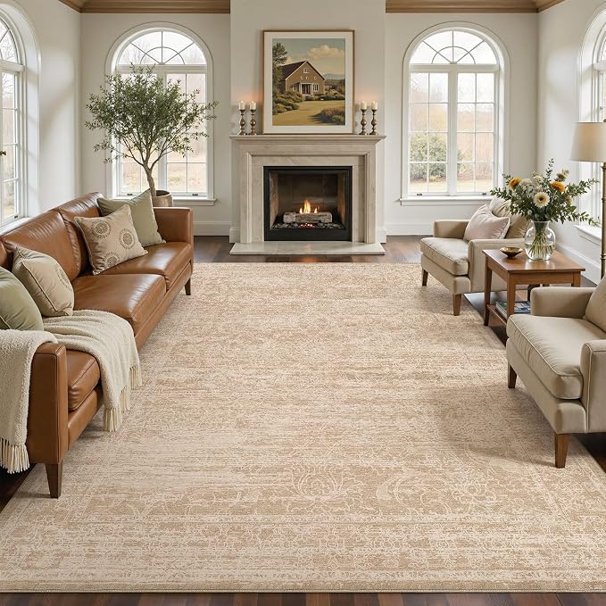 Nakagishi 9x12 Area Rugs Living Room:Washable Large Vintage Rug Neutral Non-Slip Soft Stain Resistant Indoor Carpet for Bedroom Nursery Dining Room Office Playroom