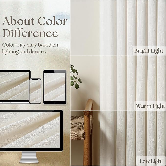 TWODRAPES Natural Pinch Pleated Linen Curtains 1 Panel for Living Room Bedroom Memory Training Shaped Semi Sheer Pleat Drapes with Hooks Rings Light Filtering Window Curtain 60x108