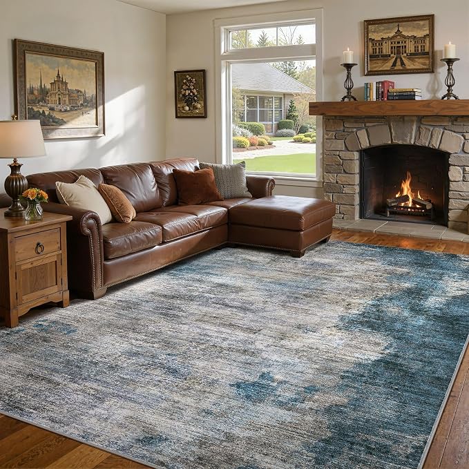 DMOYEST 9x12 Area Rug for Living Room, Washable & Non Slip Large Indoor Carpet, Kid & Pet Friendly Soft Thin Low Pile Abstract Rug for Bedroom and Office - Dark Grey