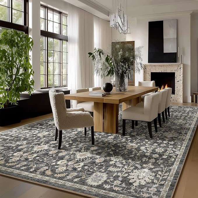 Washable Rugs for Living Room: 9x12 Area Rugs for Bedroom Ultra Soft Non-Slip Stain Resistant Vintage Boho Large Carpet for High-Traffic Dining Room - Farmhouse Decor