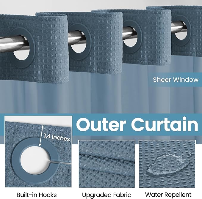 EUTXL Heavyweight Moonlight Blue Stall No Hook Shower Curtain with Snap in Liner,256GSM Waffle Weave Shower Curtains for Bathroom,54W x 80H