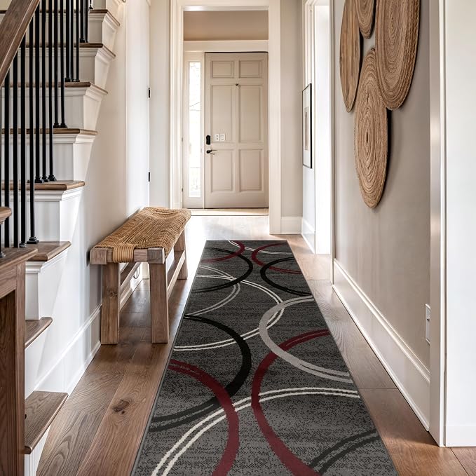Rugshop Wavy Circles Modern Non-Shedding Runner Rug Red 2'7" x 10'