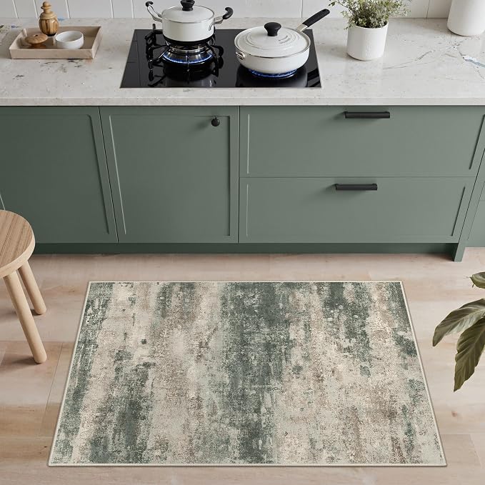 GENIMO 2x3 Rugs for Entryway, Washable Bathroom Kitchen Rugs Non Slip, Modern Abstract Soft Small Area Rug Indoor, Low Pile Throw Carpet, Sage Sand
