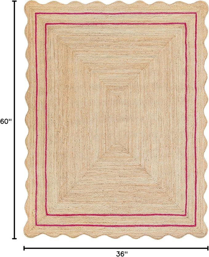 Wave Scalloped Natural Jute Rug Boho Jute Rug Entryway Runner Rug Farmhouse Scallop Rug, Dark Pink (3'x5')