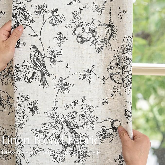 jinchan Linen Floral Curtains for Living Room 96 Inch Length Black Printed Flower Light Filtering French Country Curtain Farmhouse Cottage Core Toile Curtains Back Tab Window Drapes Set 2 Panels