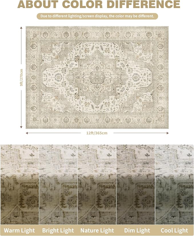 Roxstand 9x12 Washable Area Rug, Vintage Non Slip Rugs, Ivory/Beige | Soft Low Pile Design, Stain Resistant,Pet & Kid Friendly,Carpet for Living Room, Bedroom, Dining Room and Office Decor