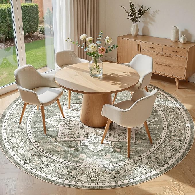 8ft Round Area Rug: Washable Vintage Neutral Soft Non Slip Thin Large Floor Carpet for Living Room Bedroom Kitchen Dining Room Home Office Farmhouse Indoor - Green
