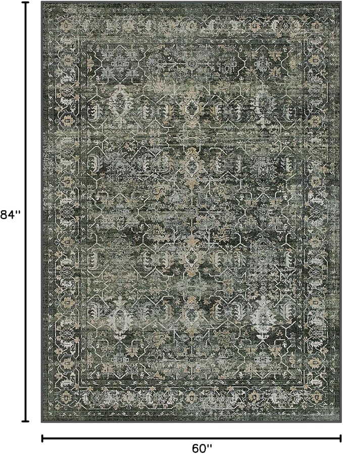 Lahome Margot Vintage 5x7 Area Rugs - Washable Non-Slip Boho Living Room Rugs for Under Table, Green Low Profile Soft Faux Wool for Bedroom, Dinning Room, Nursery, Playroom