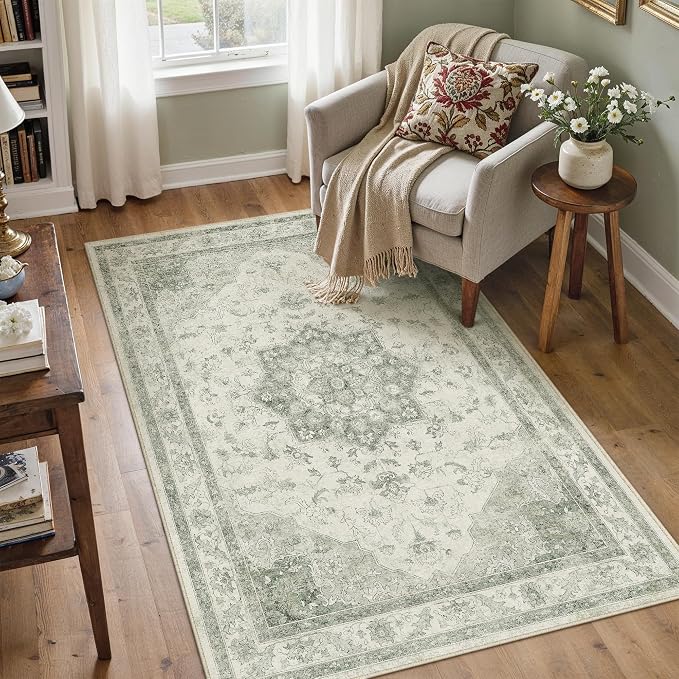 PureCozy Green Area Rug 3x5 Washable Vintage Carpet Entryway Office Soft Retro Kitchen Low Pile Thin Door Mat Non Slip Oriental Medallion Throw Small Rug for Bathroom Bedroom Dining Living Room