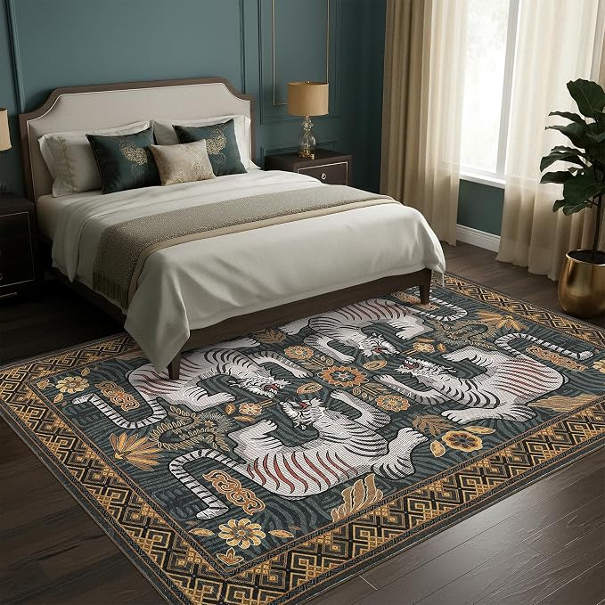 GarveeHome Large Tibetan Tiger Area Rugs 9x12 for Living Room, Boho Tribal Blue Washable Rug Soft Non Slip Vintage Mat Indoor Carpet for Bedroom Dining Room Playroom Nursery Decor
