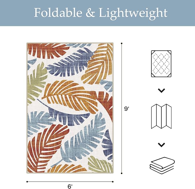 GENIMO 6x9 Outdoor Rug, Washable for Patio and Deck, Leaf Rust Navy | Botanical leaf design for dining area; fade resistant chenille with quick-dry non-slip backing for indoor sunroom.
