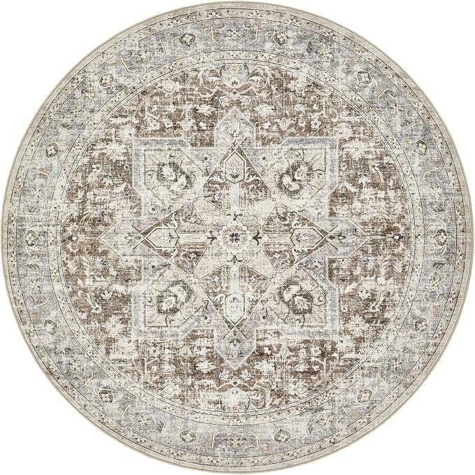 Tortania 6' Round Area Rug Living Room Rugs - Washable Boho Rug Vintage Oriental Distressed Farmhouse Large Thin Indoor Carpet for Bedroom Under Dining Table Home Office - Brown Blue