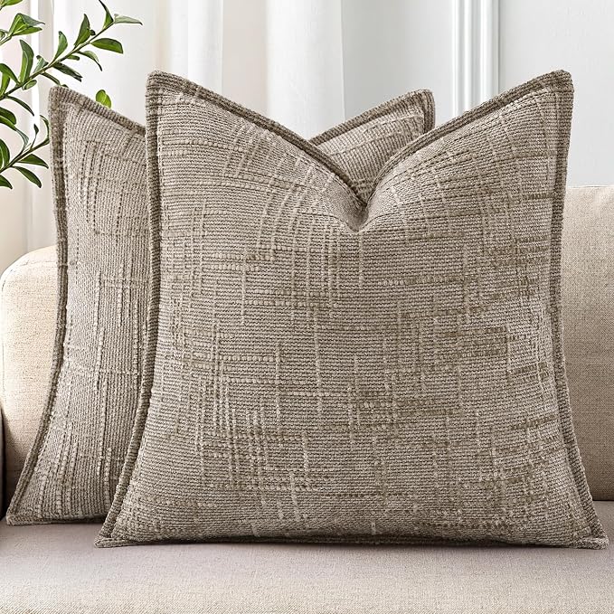 decorUhome Chenille Decorative Throw Pillow Covers 20x20 Set of 2,Oatmeal | Soft Texture, Slubby Modern Design, Flange Edges, Cozy Accent Pillow Covers for Couch, Sofa, Bed, Living Room