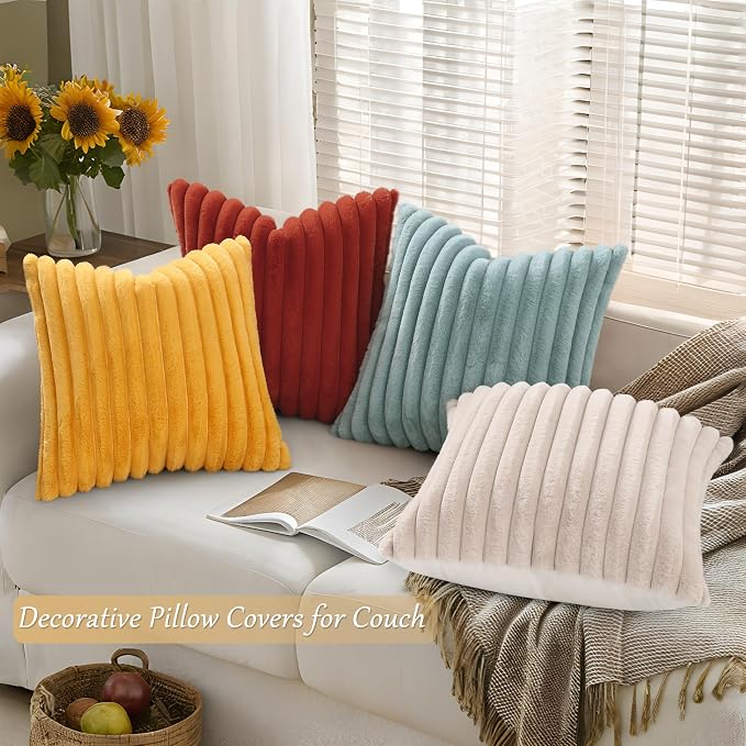 decorUhome Fall Faux Fur Throw Pillow Covers 20x20 Set of 4 Rust/Beige | Decorative Modern Farmhouse Soft Cozy Striped Pillow Cases Velvet Back for Sofa Bed Living Room Classic Accent Home Decor