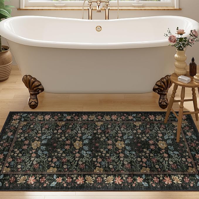 DUKINO 2x4 Rug, Washable Vintage Floral Bathroom Runner Rug, Black | Non Slip, Low Pile, Stain Resistant, Aesthetic Lightweight Soft Indoor Carpet for Kitchen Entryway Hallway Bathroom Bedroom